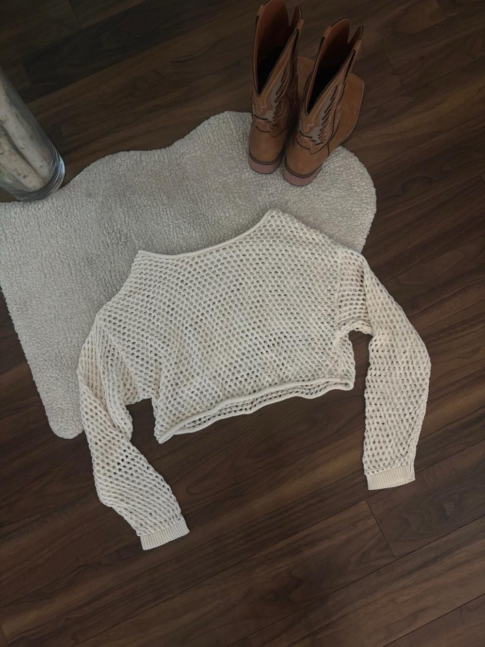 🤎CREAM OPEN-KNIT CROPPED SWEATER